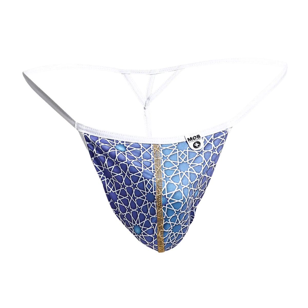MOB hipster T thong print in blue with white geometric design gold zipper and white waistband in front view