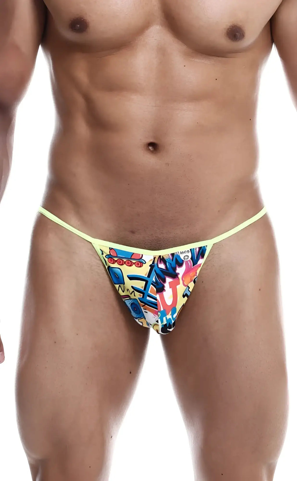 Bright yellow mob hipster t thong print with vibrant graffiti-style colorful cartoon characters and bold lettering