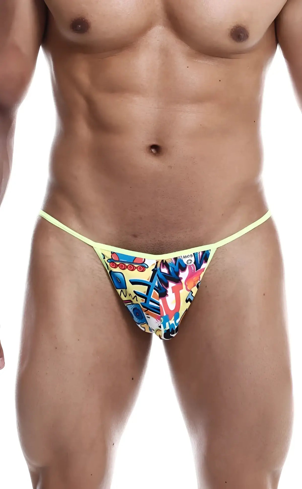 Bright yellow mob hipster t thong print with vibrant graffiti-style colorful cartoon characters and bold lettering