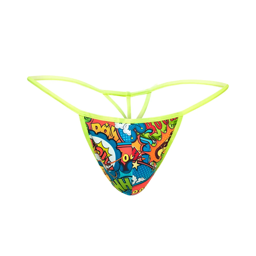 Vibrant neon green mob hipster t thong print with bold comic book design and colorful speech bubbles on front side