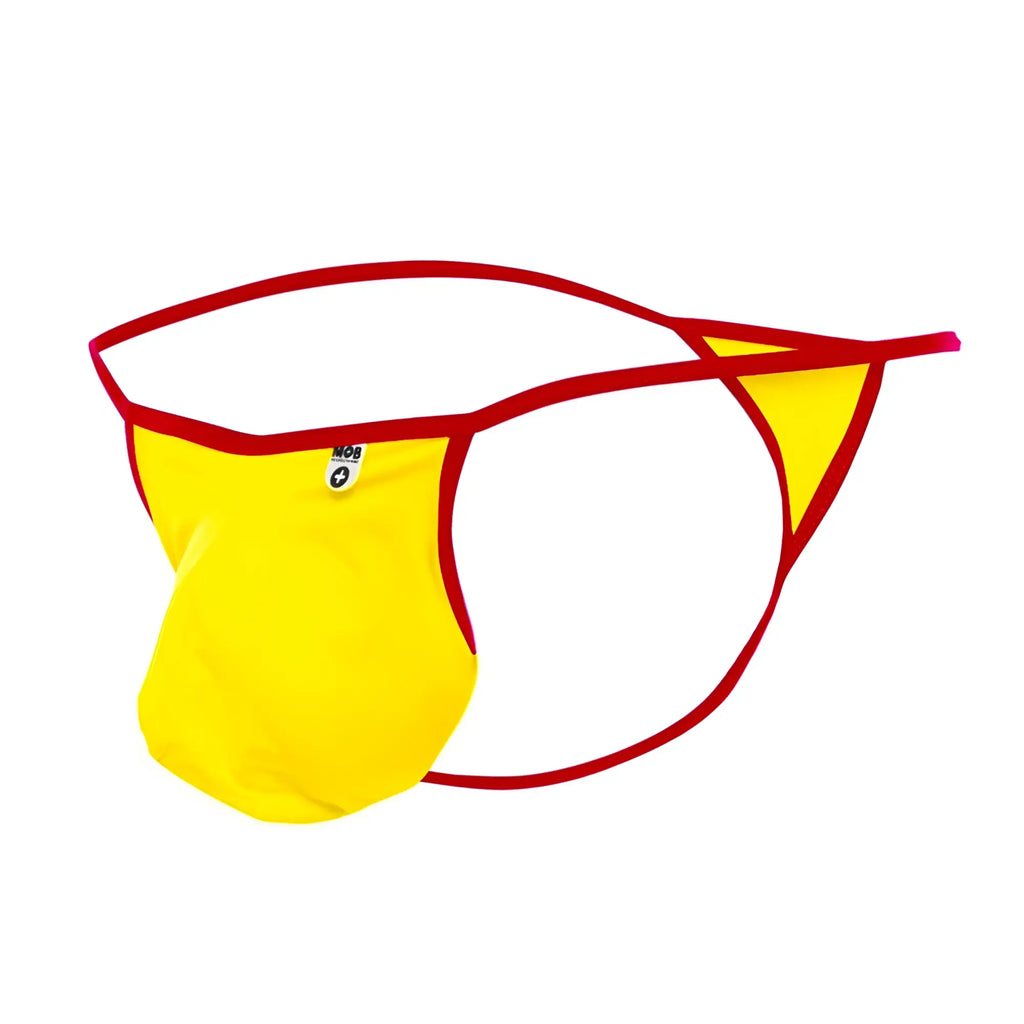 Bright yellow and red mob magic pouch thong with bold minimalist design showing front view