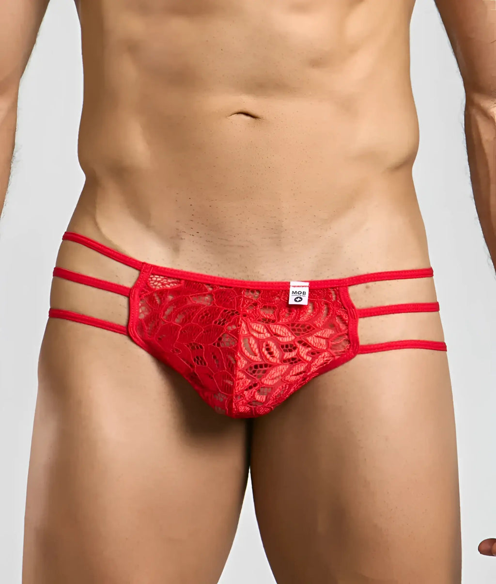 MOB menâ€™s red lace pouch thong featuring a floral pattern and three horizontal straps