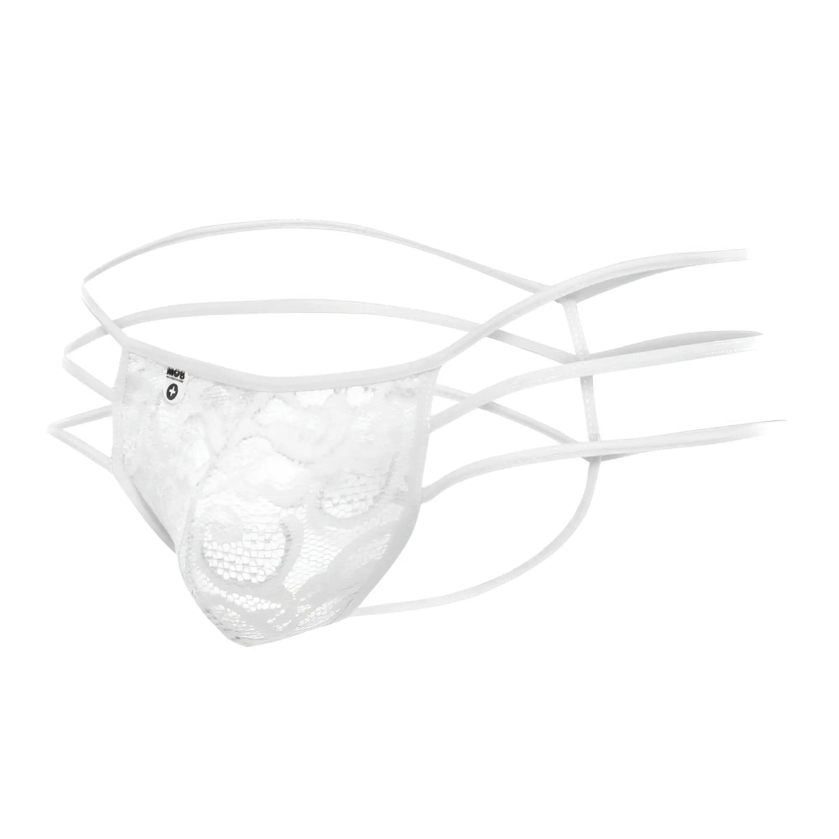 White lace thong with multiple thin straps and delicate floral pattern from mob menâ€™s lace pouch thong collection