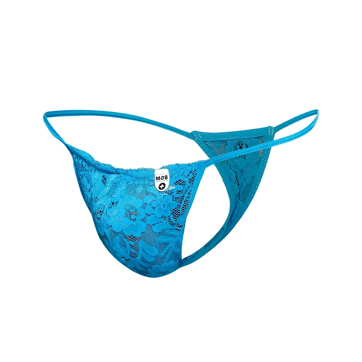 A vibrant blue mob menâ€™s lace thong with delicate floral patterns and thin elastic straps