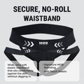 Menâ€™s x jockstrap with black elastic waistband featuring white arrow graphics and mob eroticwear branding back side view