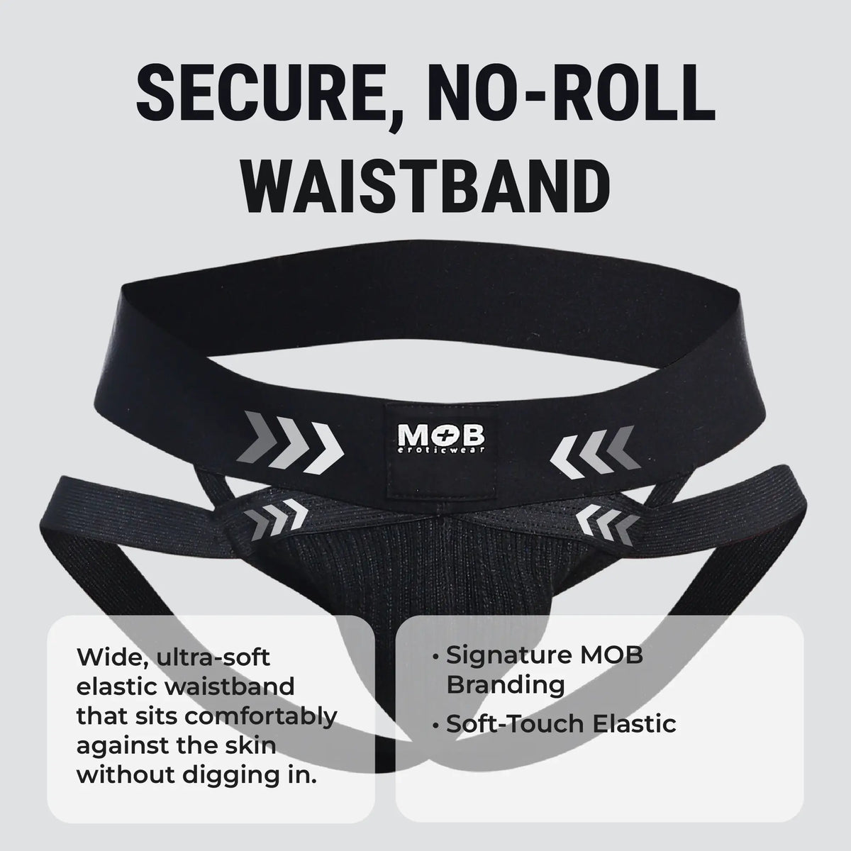 Menâ€™s x jockstrap with black elastic waistband featuring white arrow graphics and mob eroticwear branding back side view