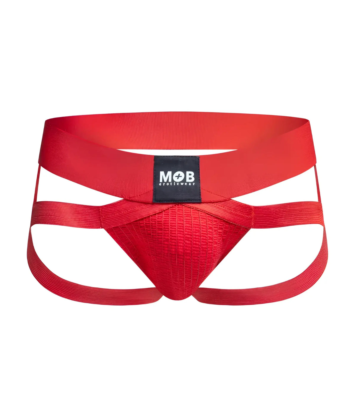 Menâ€™s x jockstrap red fabric briefs with bold crisscross design and black mob eroticwear waistband label