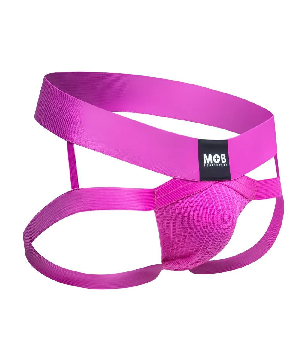 Menâ€™s x jockstrap in vibrant fuchsia pink with textured front panel and wide supportive straps for athletic use