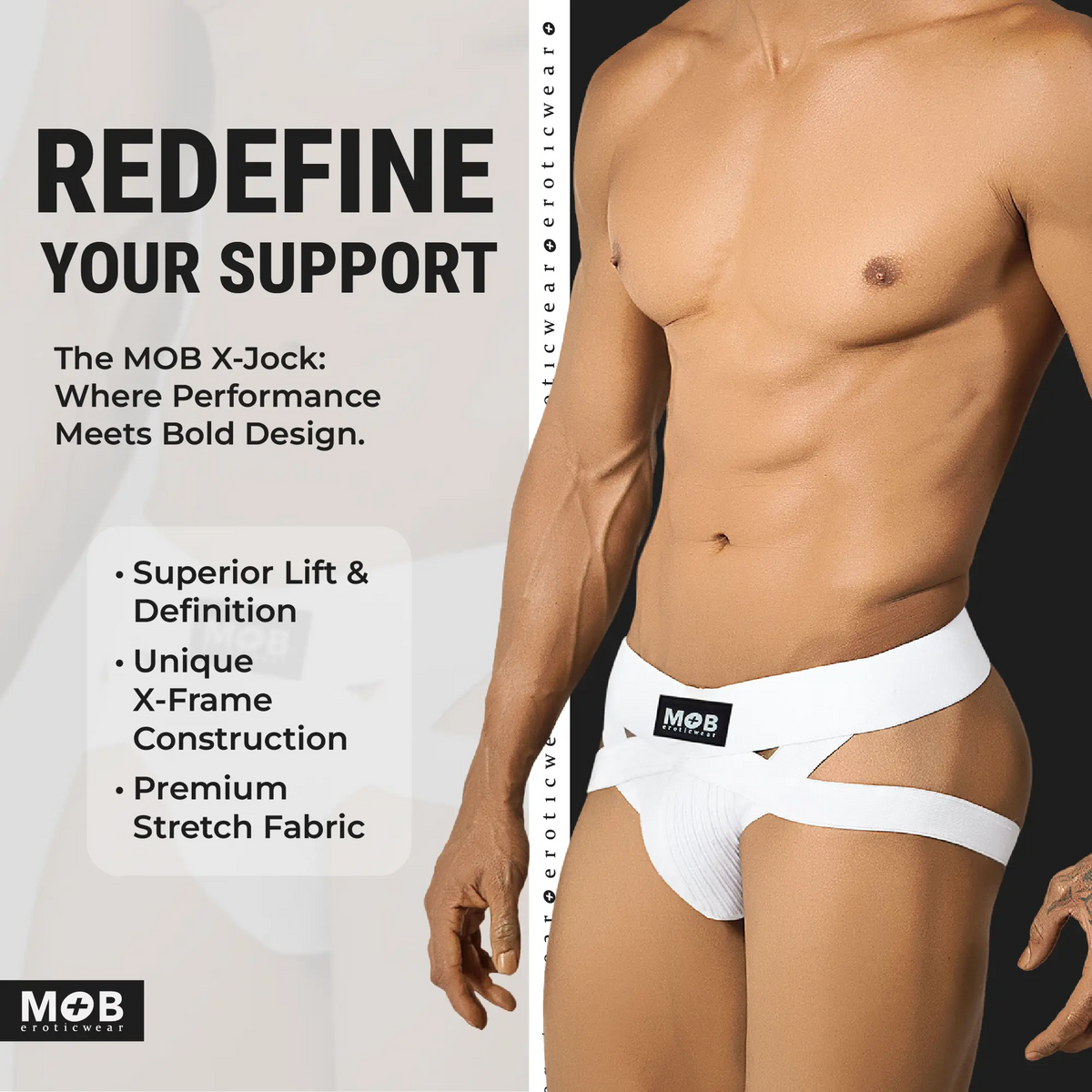 Menâ€™s x jockstrap in white with x-frame construction and premium stretch fabric from mob eroticwear shown from back side