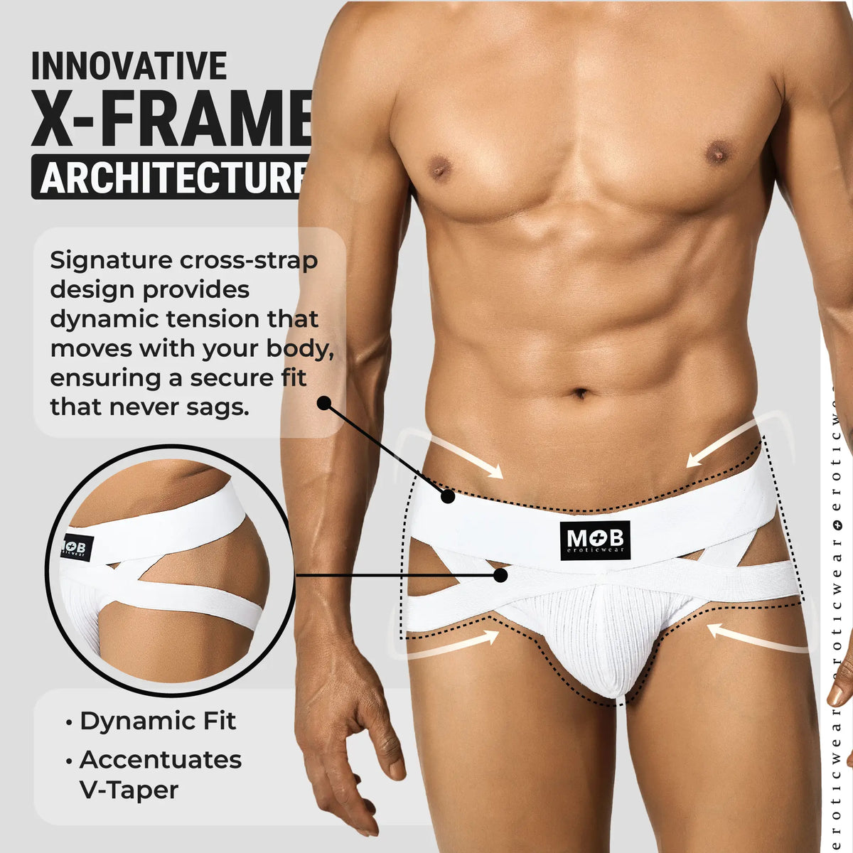 White form-fitting menâ€™s x jockstrap underwear with x-frame design and cross-straps by mob