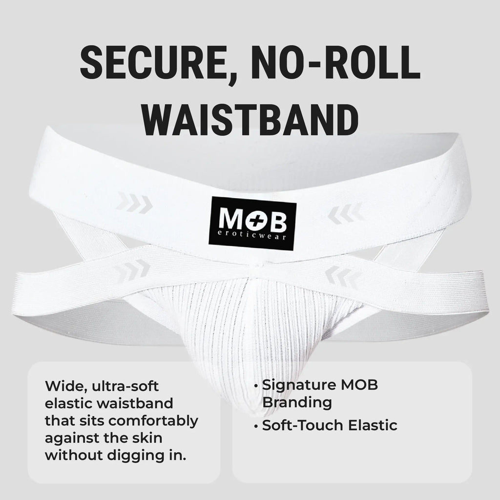 Menâ€™s x jockstrap white eroticwear briefs with secure no-roll elastic waistband and soft-touch fabric front view