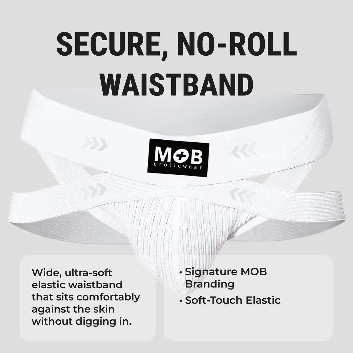 Menâ€™s x jockstrap white eroticwear briefs with secure no-roll elastic waistband and soft-touch fabric front view