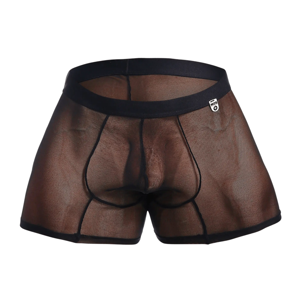 Black mesh menâ€™s boxer with solid black waistband and trim designed for breathable comfort by MOB Mesh Boxer