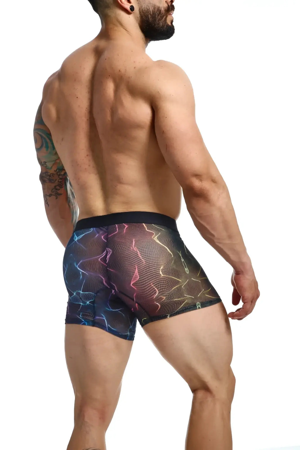 Black MOB Mesh boxer briefs featuring a vibrant iridescent lightning bolt pattern in blue pink and gold