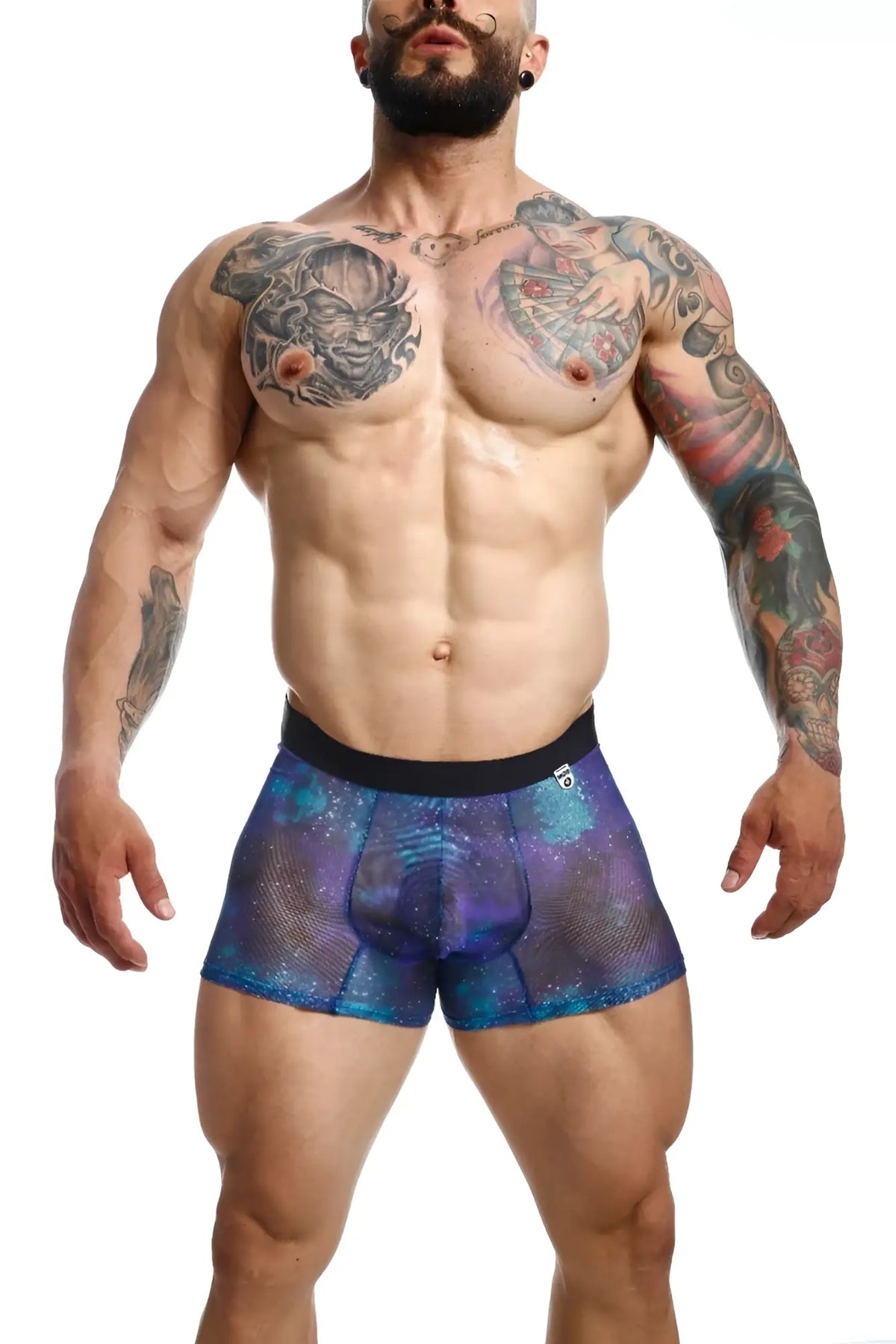 Mob mesh boxer blue and purple galaxy-patterned mesh boxer briefs with black waistband front view