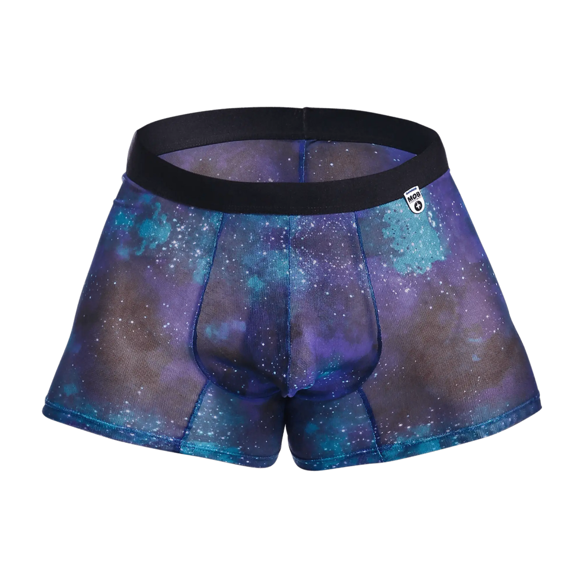 Purple and blue galaxy patterned mesh boxer briefs with black elastic waistband from mob mesh boxer collection
