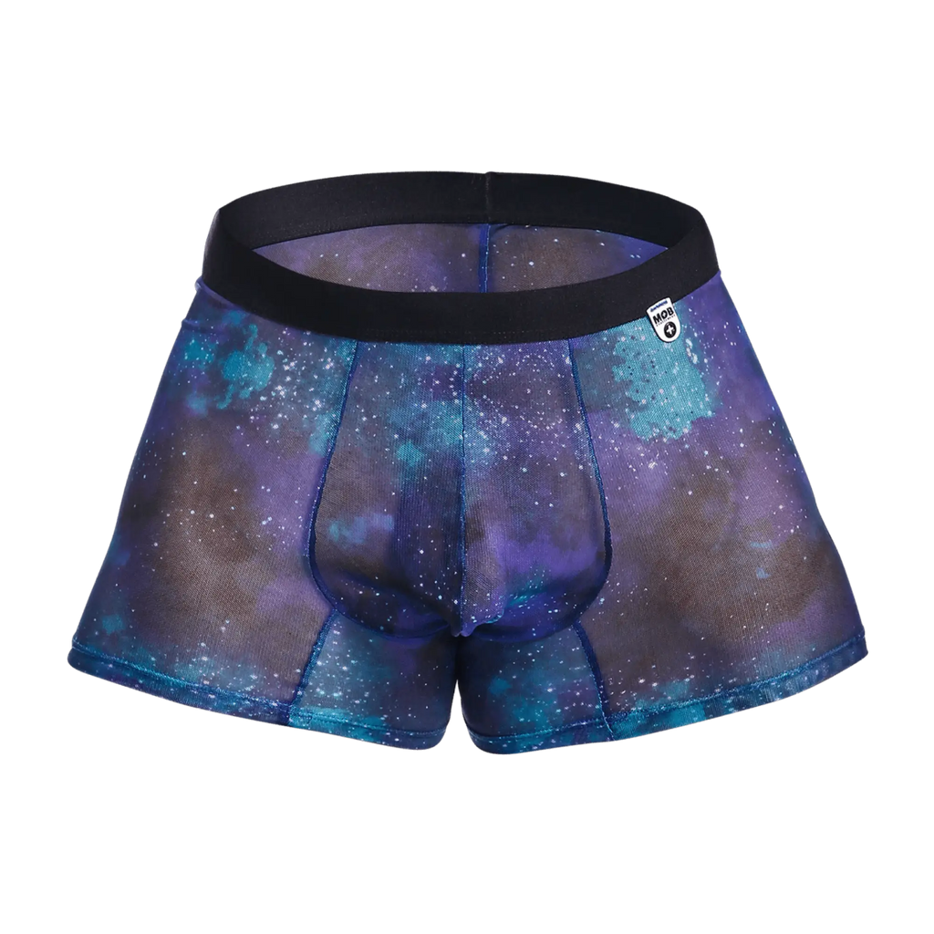Purple and blue galaxy-patterned mesh mob boxer briefs with black elastic waistband for breathable comfort