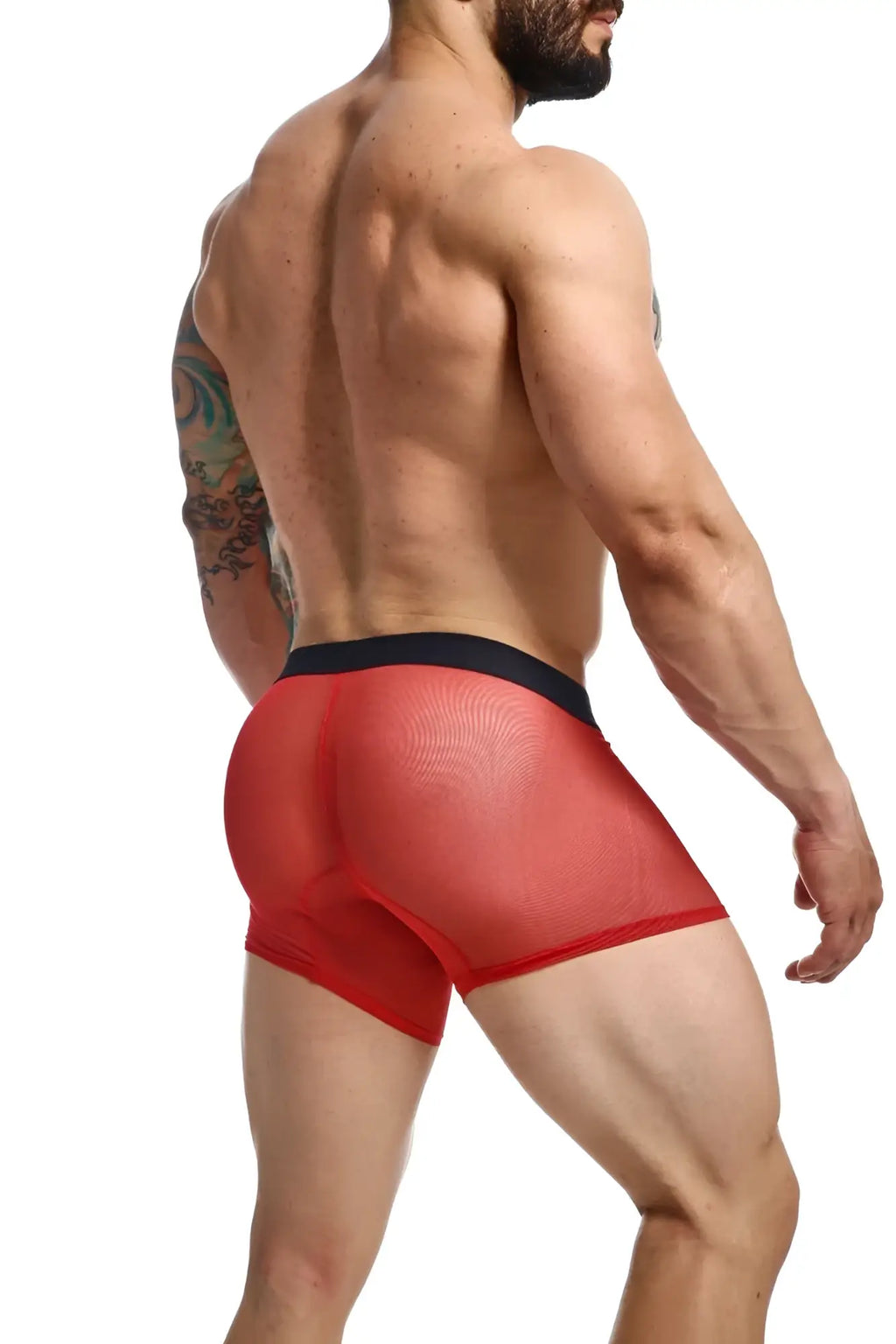 Red mesh boxer briefs with a black waistband from mob mesh boxer featuring breathable mesh fabric