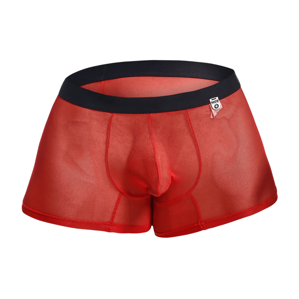 Red sheer mesh mens boxer briefs with black elastic waistband and white brand tag from mob mesh boxer collection