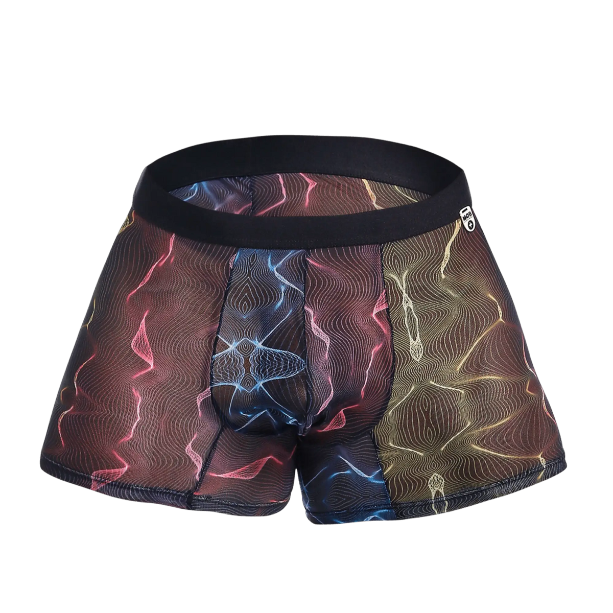 Vibrant multicolored mob mesh boxer featuring abstract pink blue and gold wave pattern on sheer fabric with black waistband