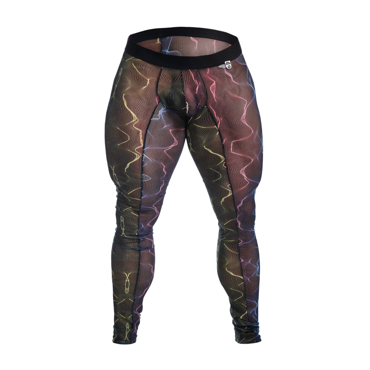 Black mesh leggings mob mesh tights with vibrant glowing neon wave pattern in pink yellow and blue