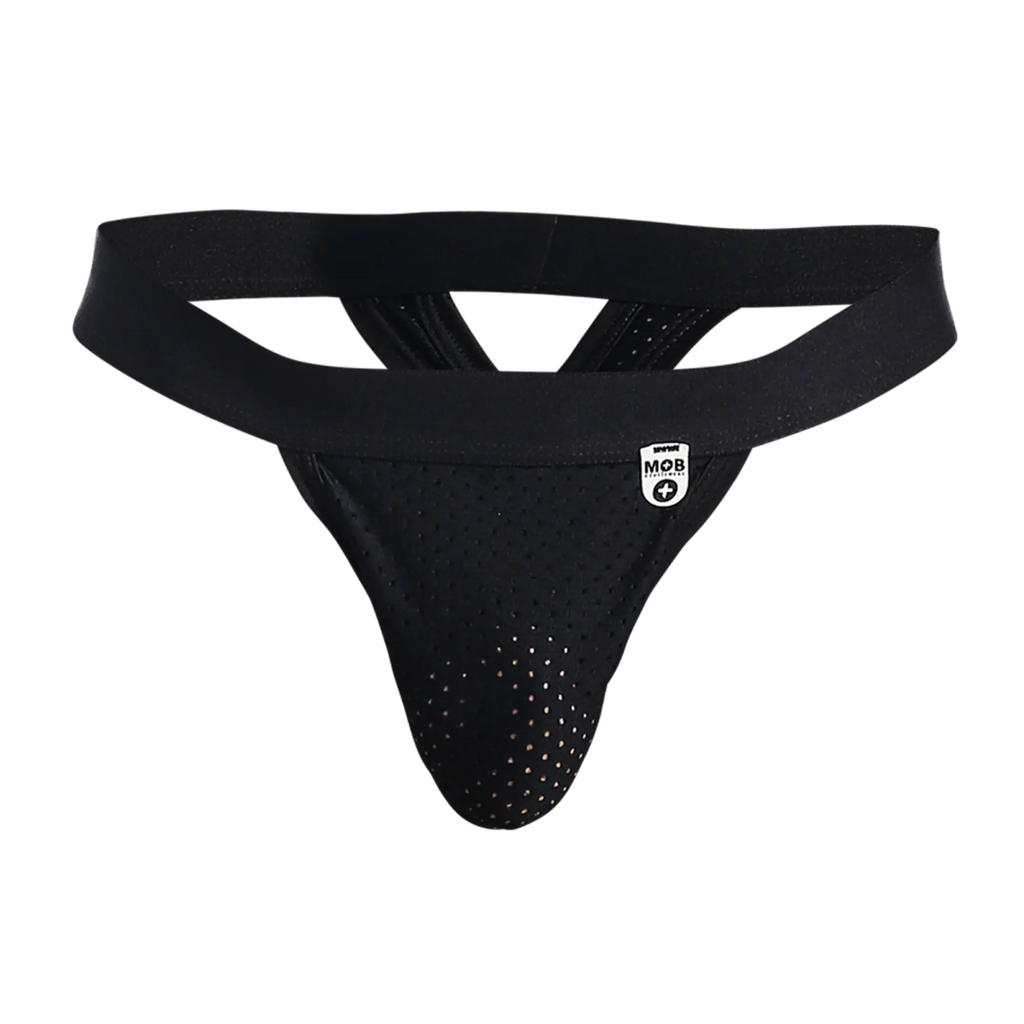 Black perforated mesh athletic supporter with wide elastic waistband and white logo patch mob mesh y thong