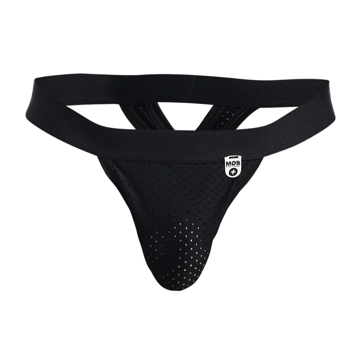 Black perforated mesh athletic supporter with wide elastic waistband and white logo patch mob mesh y thong