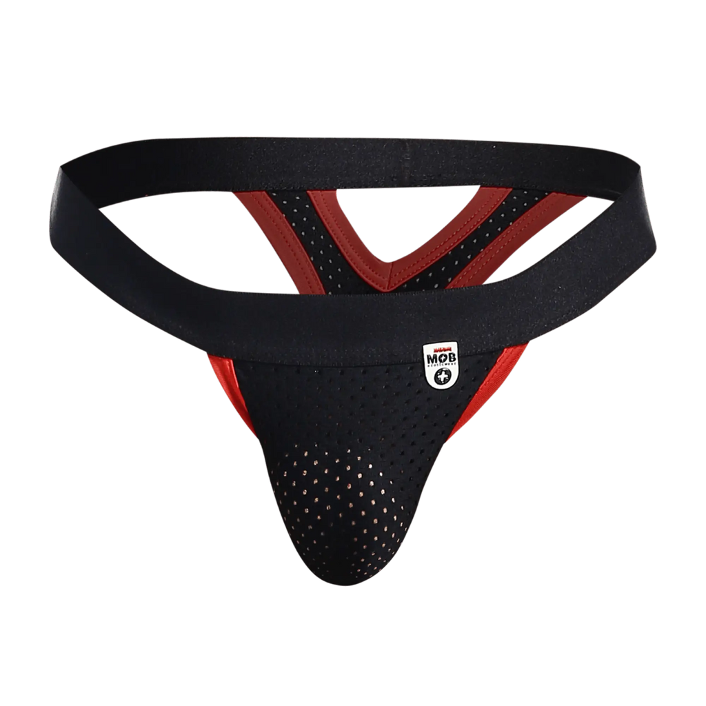 Black and red perforated mesh athletic supporter with branded logo patch mob mesh y thong back view