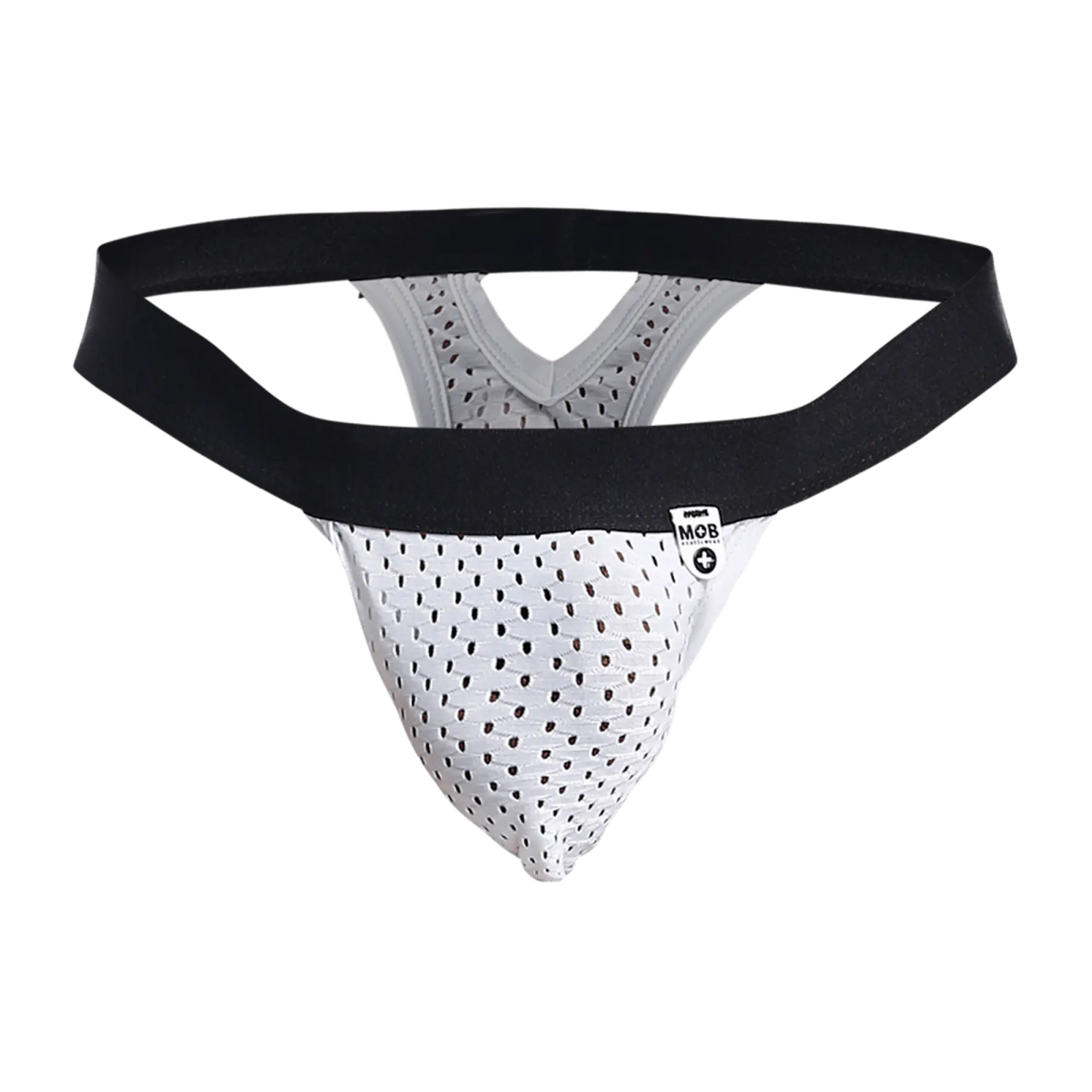White perforated mesh athletic supporter mob mesh y thong with black elastic waistband and small mob brand tag
