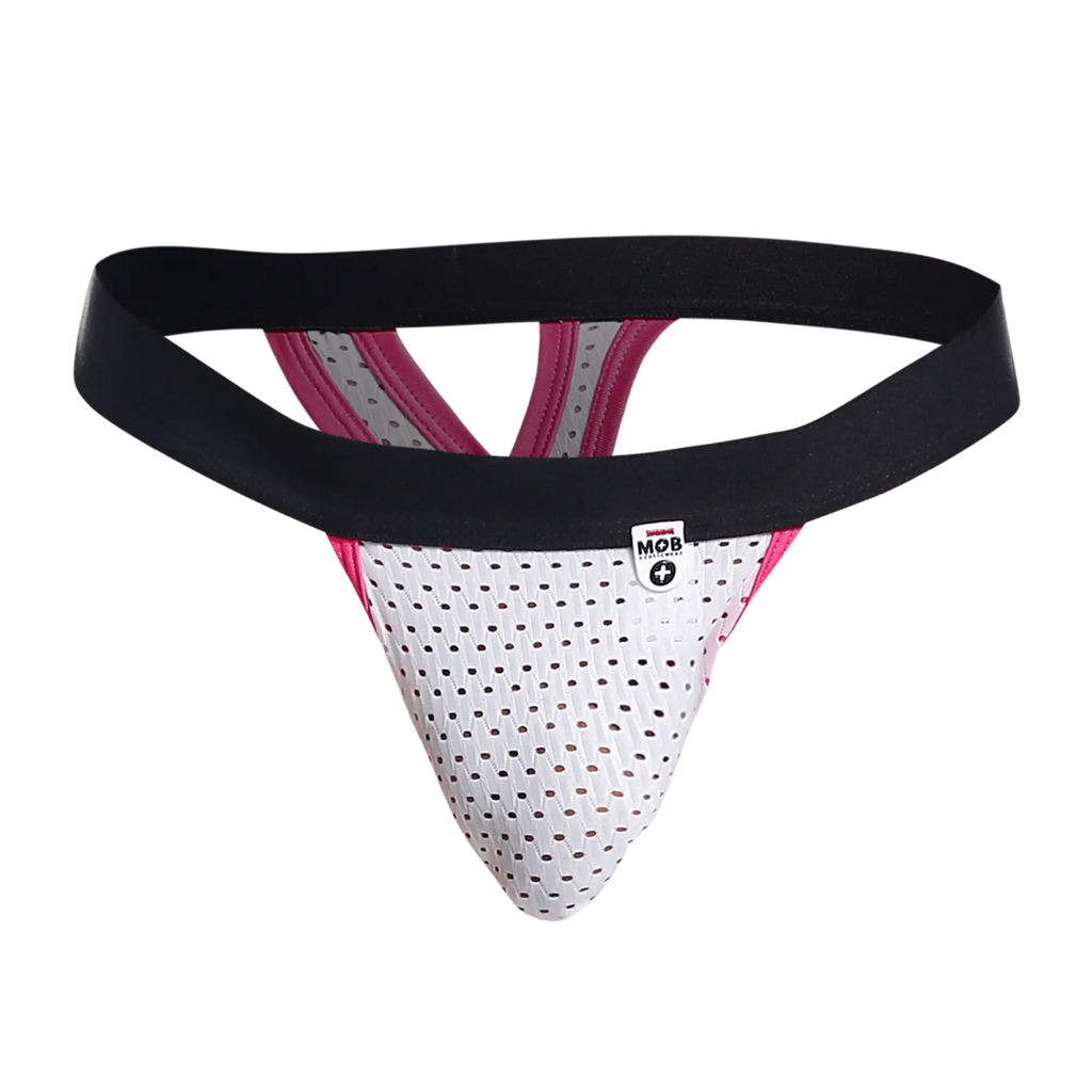 White perforated mob mesh y thong athletic supporter with black and pink trim and branded tag visible