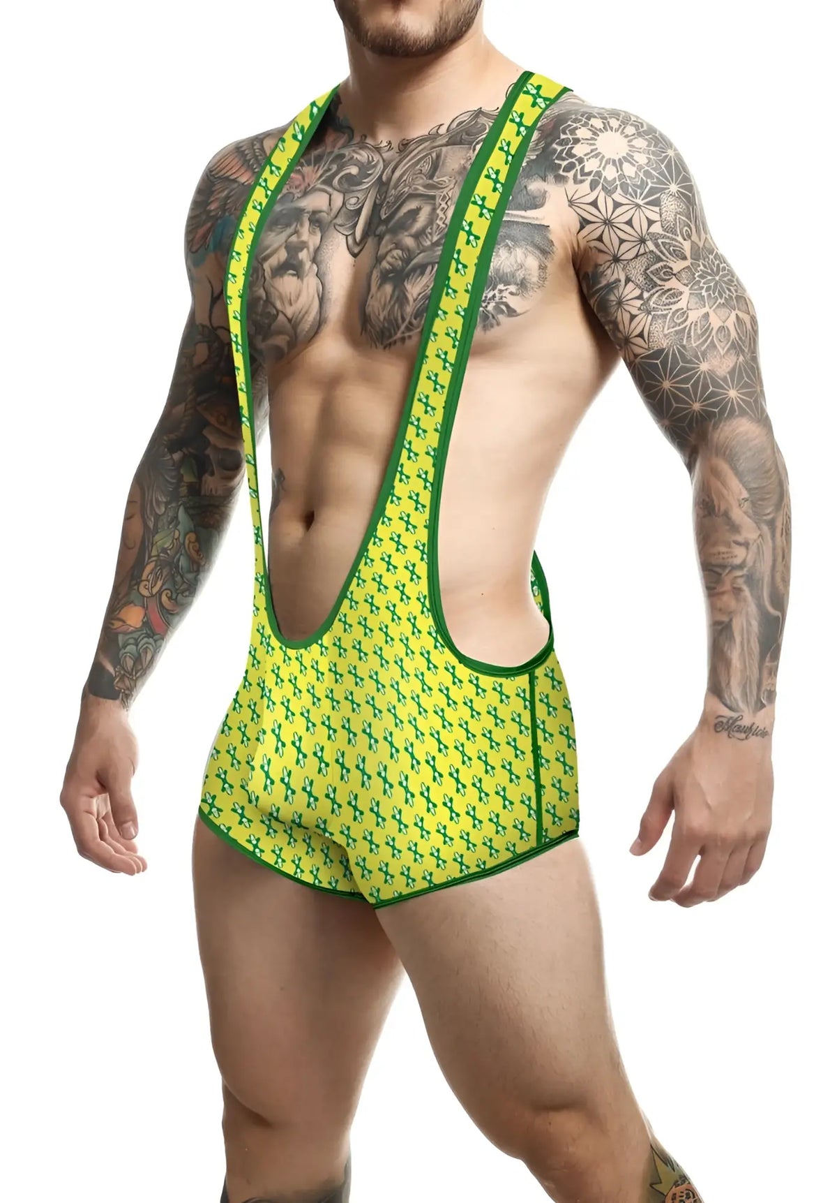Menâ€™s mob singlet with bright green and lime yellow patterned suspenders featuring a bold black crosshatch design
