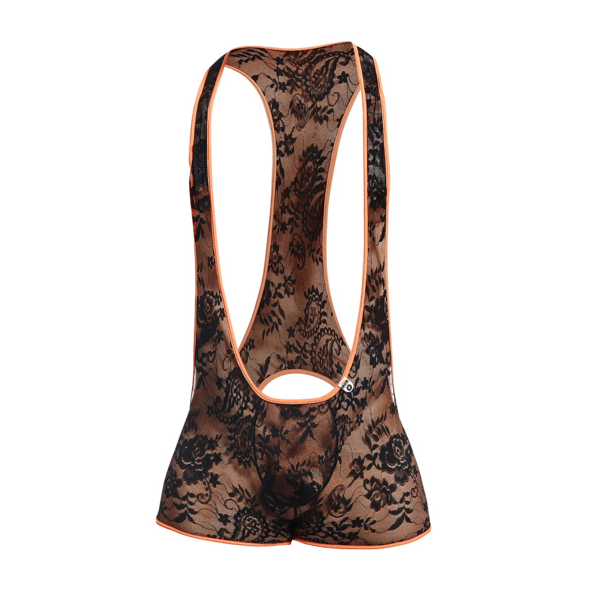 Black floral lace cycling bib shorts with orange trim shown from the back in the MOB Singlet product line