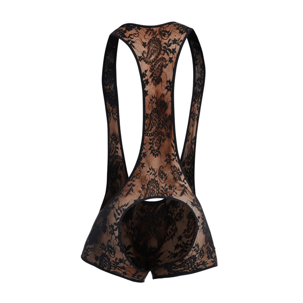 Black lace cycling bib shorts with sheer patterned design featured in mob singlet product line