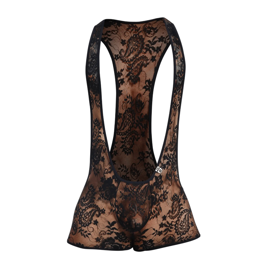Black lace bodysuit mob singlet with intricate floral patterns sheer form-fitting design