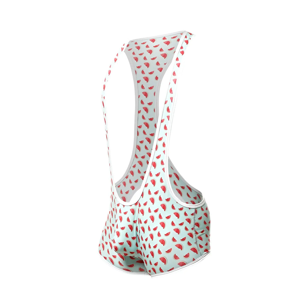 Light blue cycling bib shorts with red watermelon slice pattern and white trim for comfortable riding