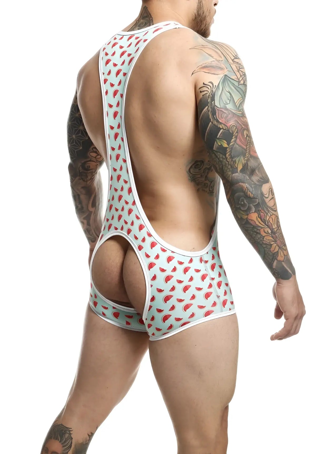 Menâ€™s athletic one-piece mob singlet in light blue and red watermelon slice pattern with white trim