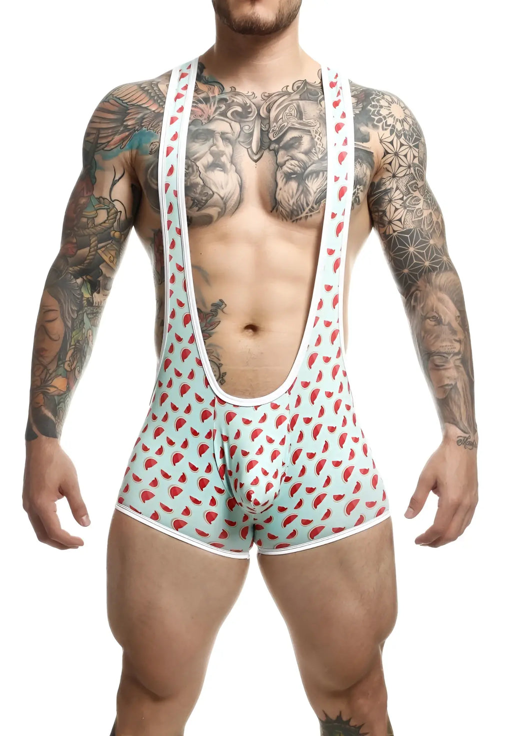 Mob singlet light blue and red watermelon slice patterned menâ€™s athletic singlet with white trim for sportswear