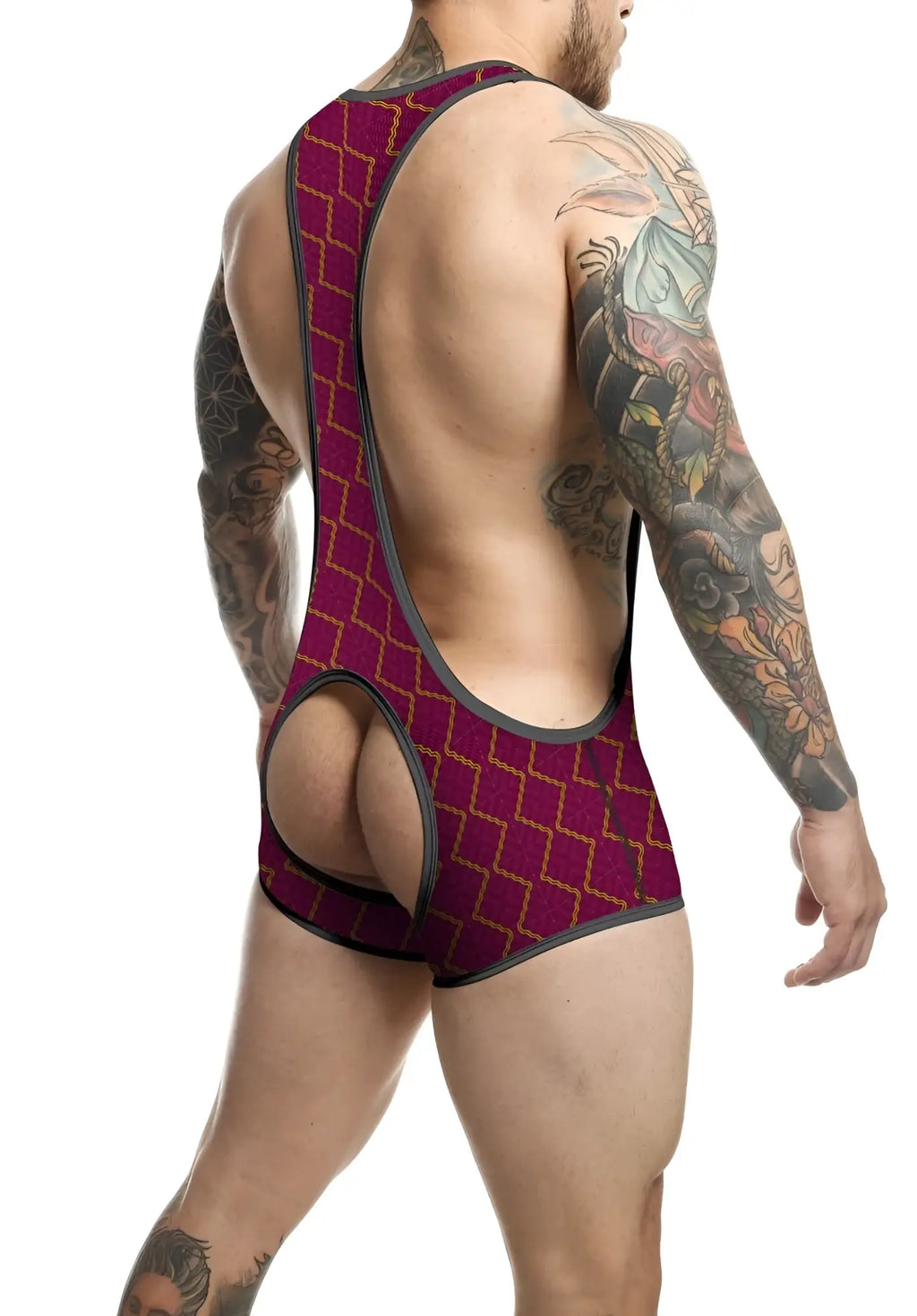 A maroon and gold patterned mob singlet with a distinctive open-back design shown from the back side