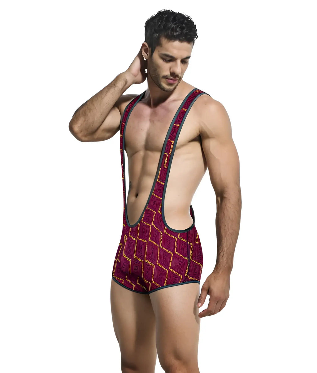 A maroon and gold patterned menâ€™s wrestling singlet with black trim designed for competitive wrestling called mob singlet