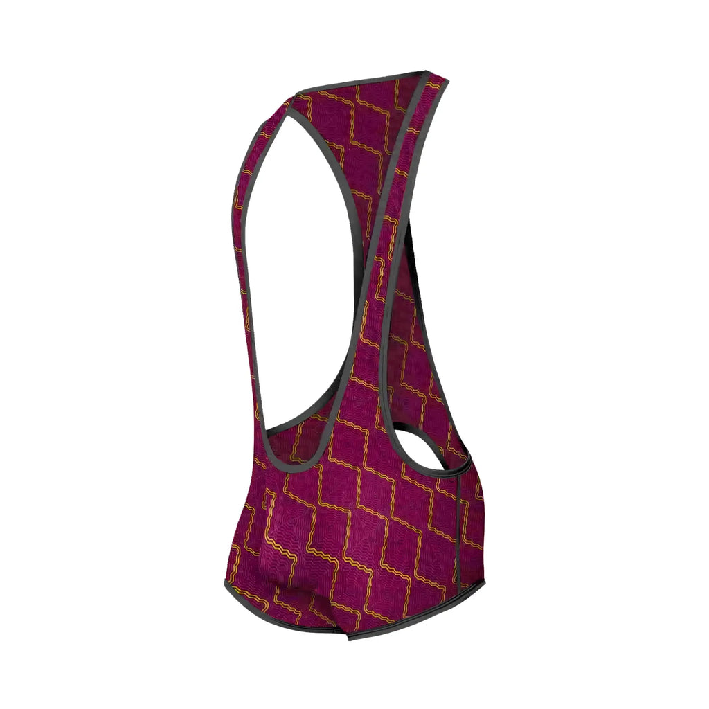 A maroon mob singlet cycling jersey with a gold geometric pattern and black trim designed for performance riding