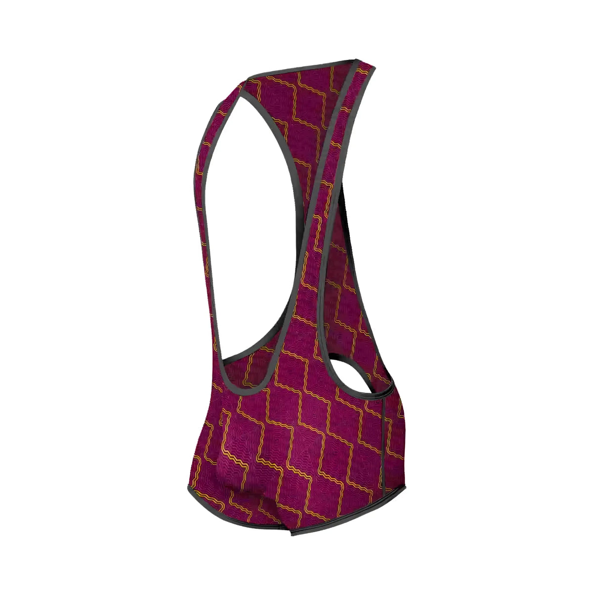 Maroon mob singlet with gold geometric pattern and black trim designed for cycling use