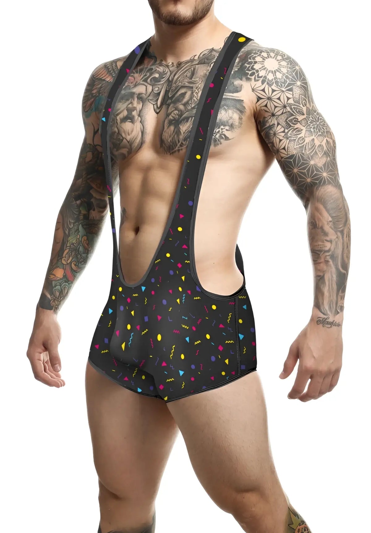 Black mens suspenders with vibrant multicolored confetti pattern from the MOB Singlet collection