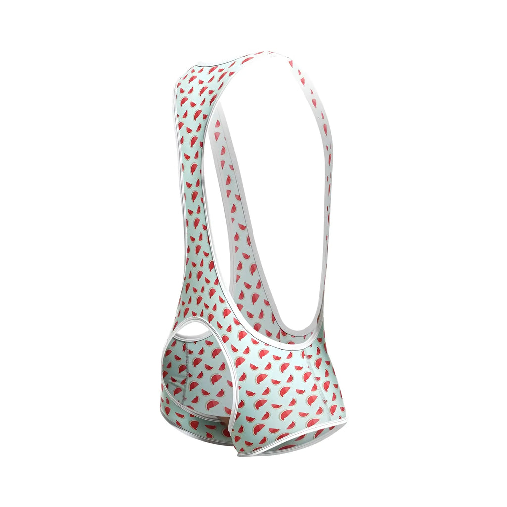 A mint green mob singlet with white trim and a red watermelon slice pattern designed for cycling use