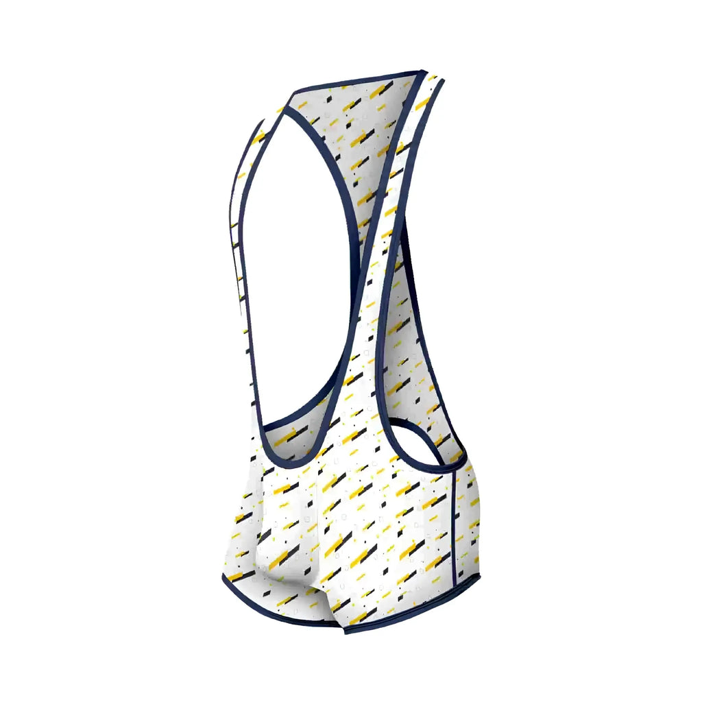 White cycling jersey mob singlet with yellow and black diagonal stripes trimmed in navy blue visible from front