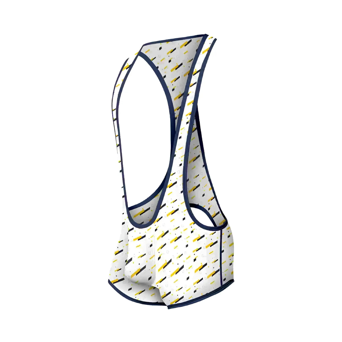 White cycling jersey mob singlet with yellow and black diagonal stripes trimmed in navy blue visible from front