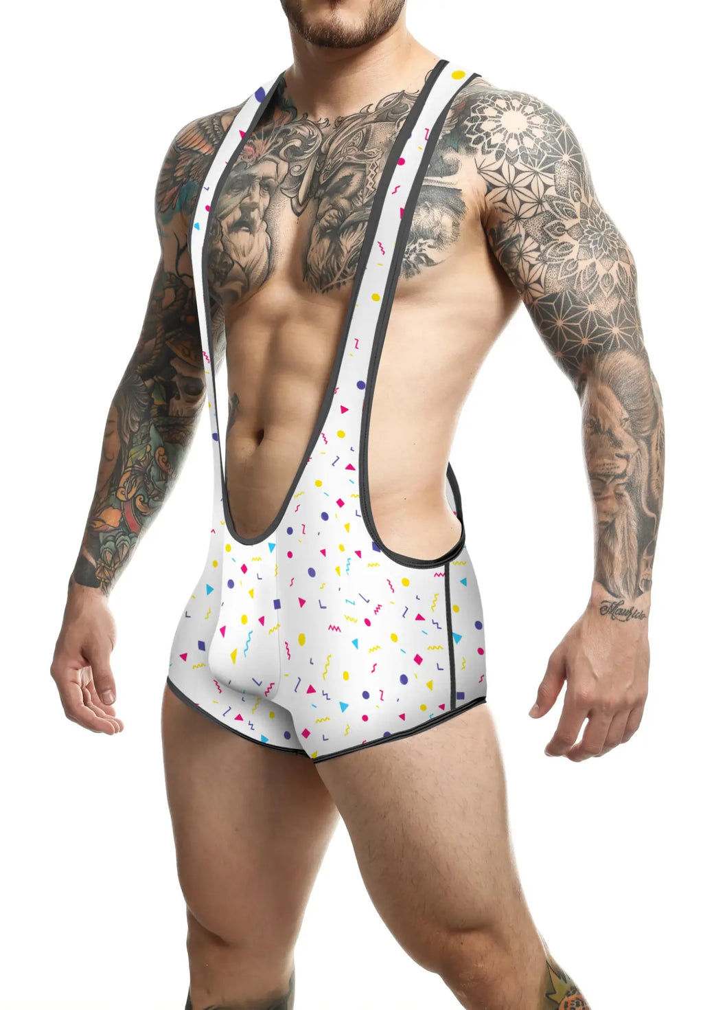 White menâ€™s wrestling singlet mob singlet with colorful confetti pattern and black trim for sports use