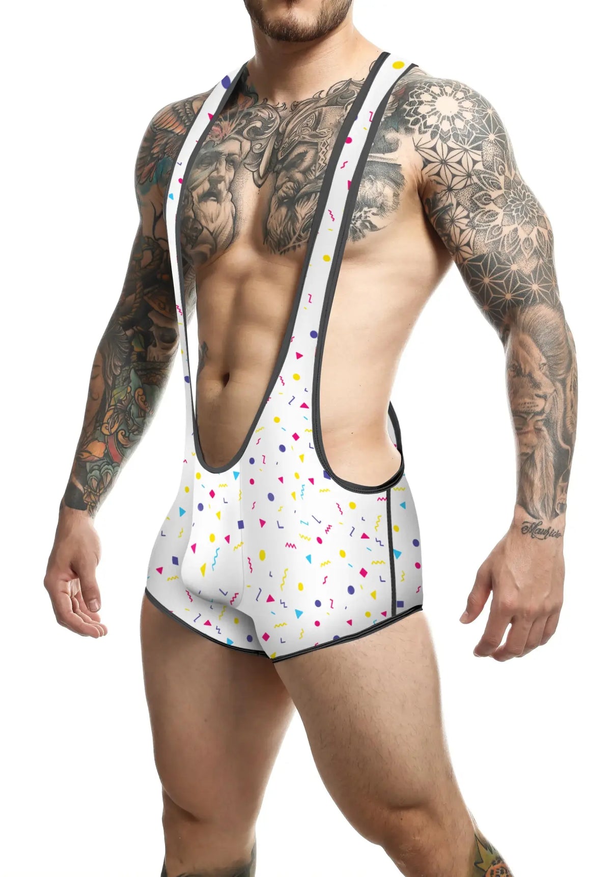 White menâ€™s wrestling singlet mob singlet with colorful confetti pattern and black trim for sports use