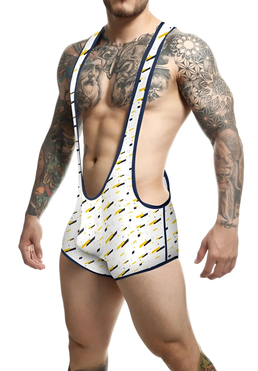 White and yellow patterned athletic singlet with navy blue trim designed for performance in MOB Singlet