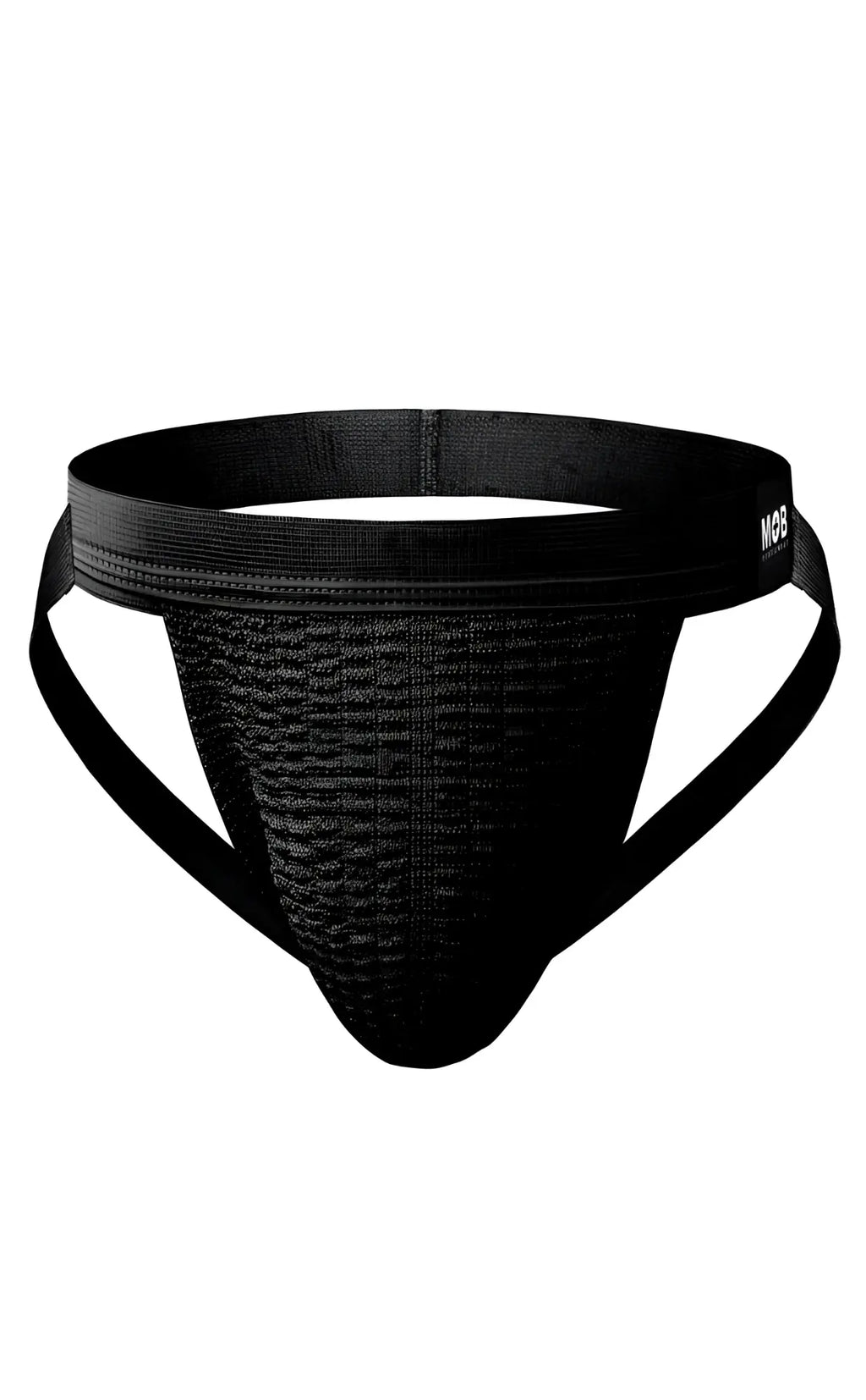 Black mesh athletic brief with elastic waistband and side straps for swim use in the mob swim jockstrap design