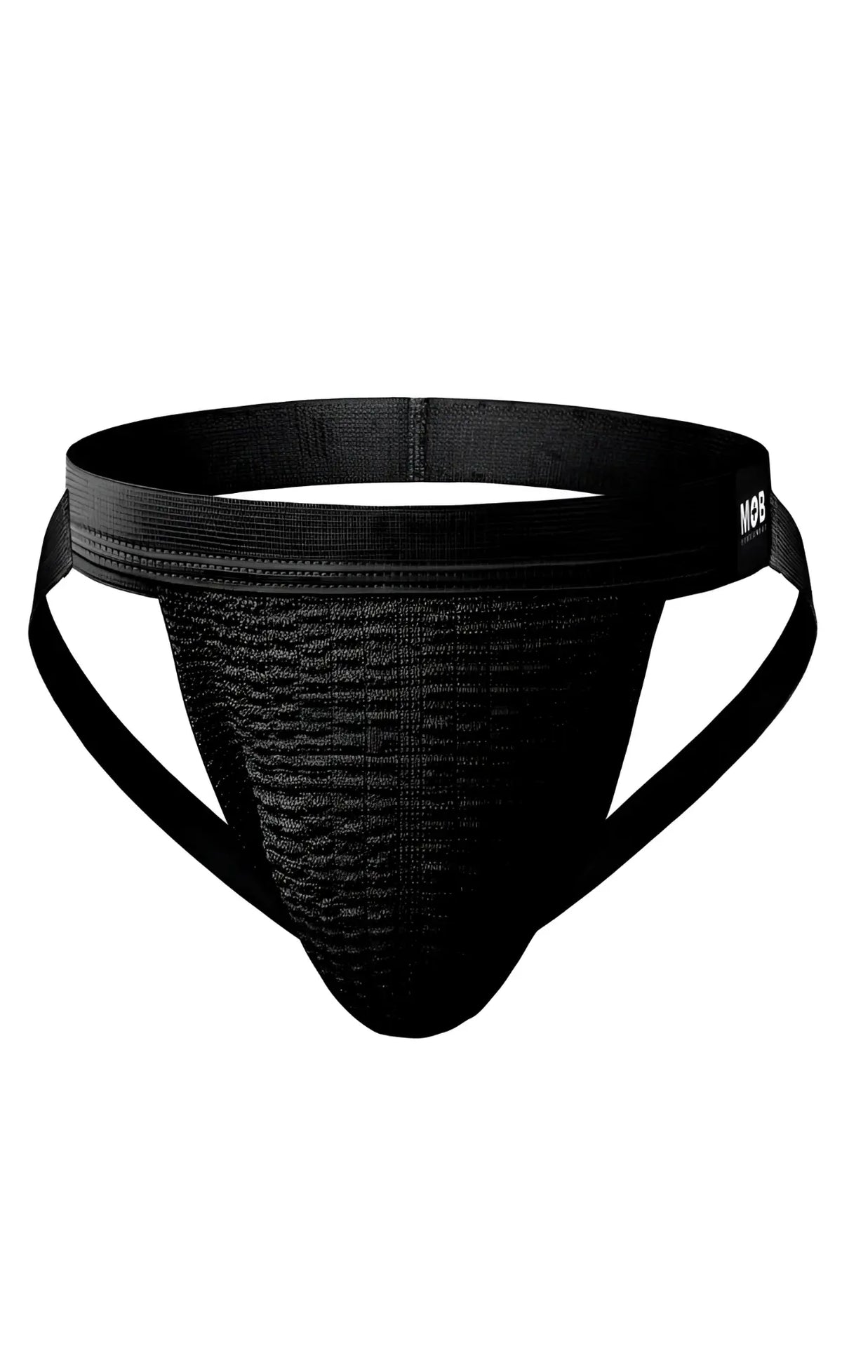 Black mesh athletic brief with elastic waistband and side straps for swim use in the mob swim jockstrap design